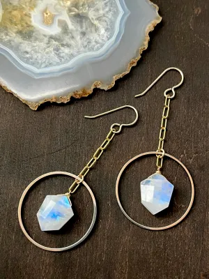•ECLIPSE SWING• rainbow moonstone   mixed metal dangle earrings