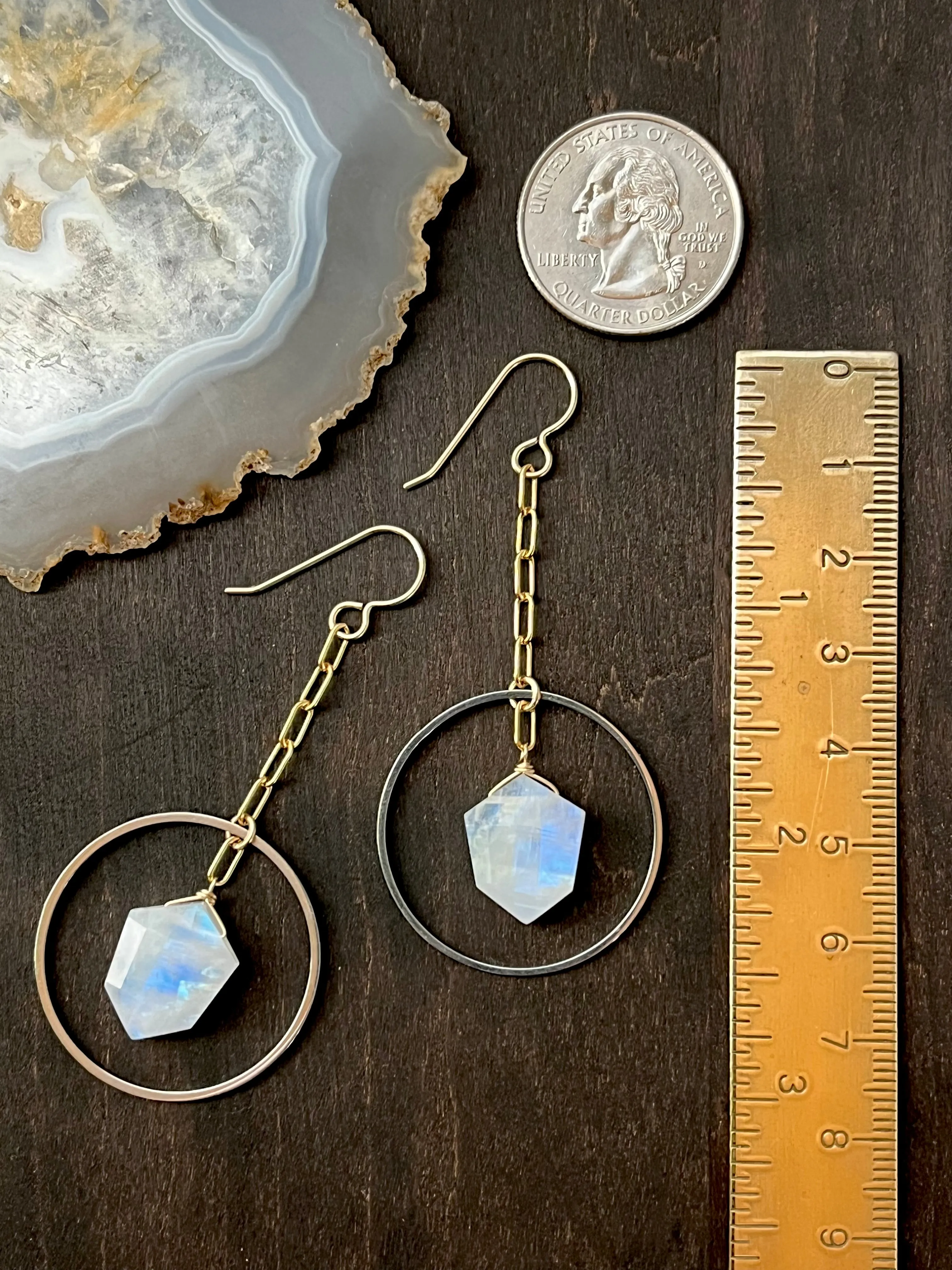 •ECLIPSE SWING• rainbow moonstone   mixed metal dangle earrings