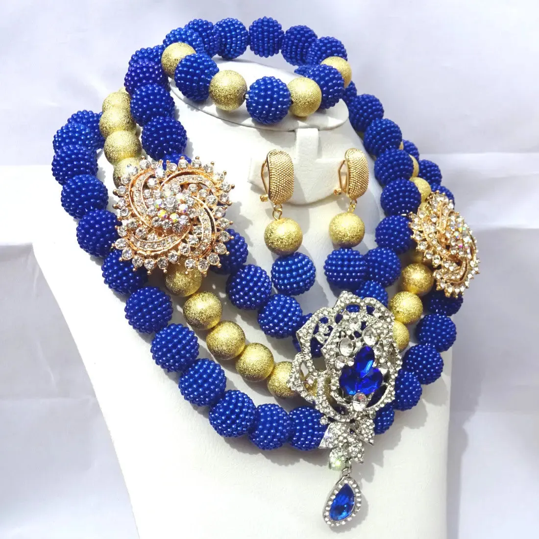 Elegant Blue 3 Layers Wedding Bridal Party African Nigerian Beads Jewelry Set