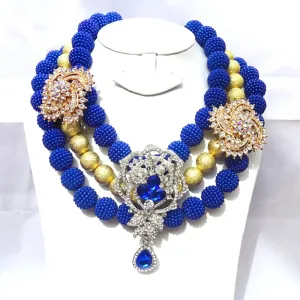 Elegant Blue 3 Layers Wedding Bridal Party African Nigerian Beads Jewelry Set