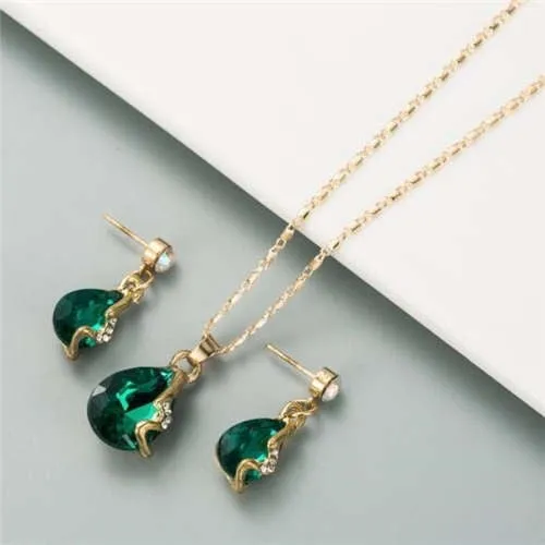 Emerald Waterdrop: Rhinestone Necklace Set