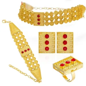 Ethiopian Gold Jewelry Set – Colored Stone Choker Necklace, Earrings, Ring, and Bracelet