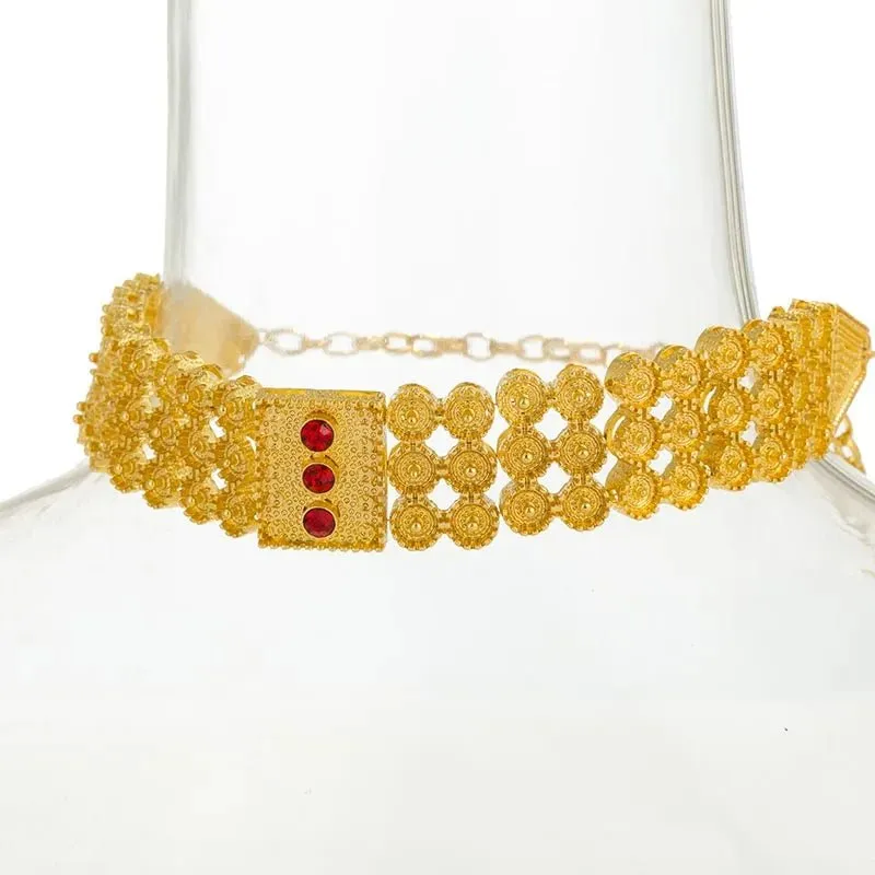 Ethiopian Gold Jewelry Set – Colored Stone Choker Necklace, Earrings, Ring, and Bracelet