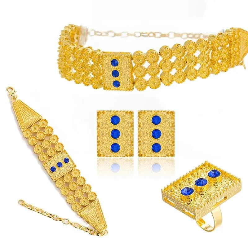 Ethiopian Gold Jewelry Set – Colored Stone Choker Necklace, Earrings, Ring, and Bracelet