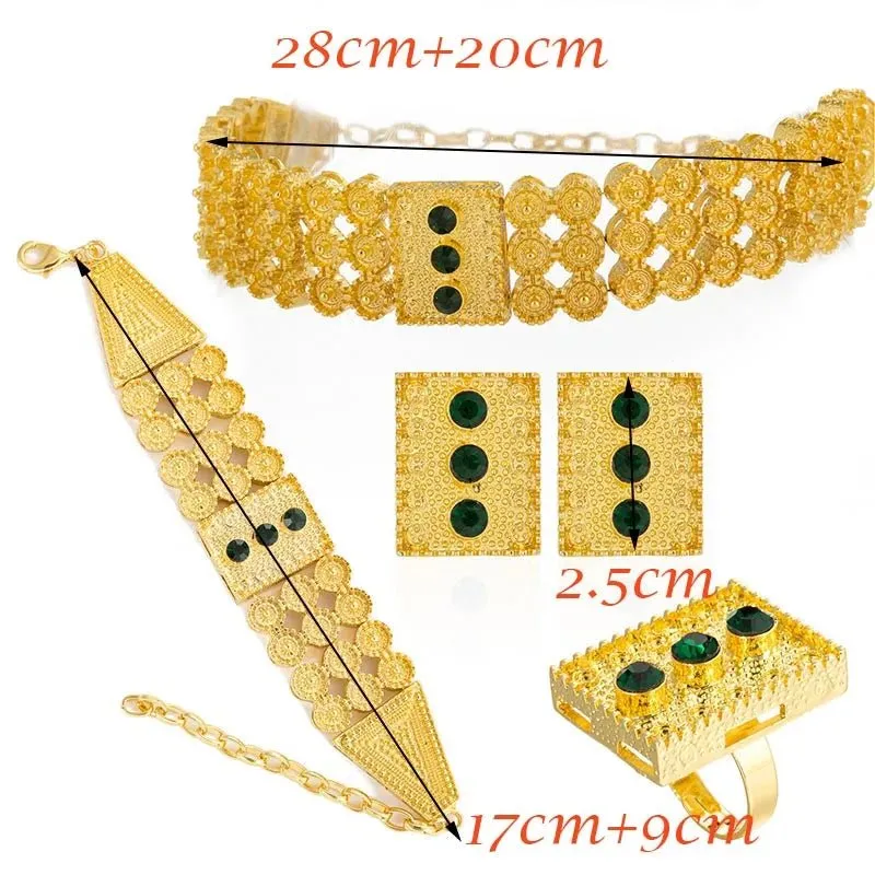 Ethiopian Gold Jewelry Set – Colored Stone Choker Necklace, Earrings, Ring, and Bracelet