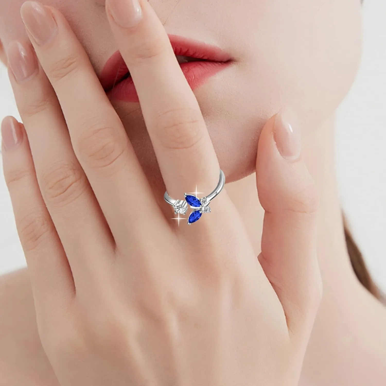 Fashion 925 Sterling Silver Butterfly Ring with Sapphire Blue Crystal