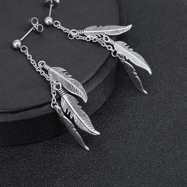 Feather Link Chain Tassel Stainless Steel Hip-hop Stud Earrings