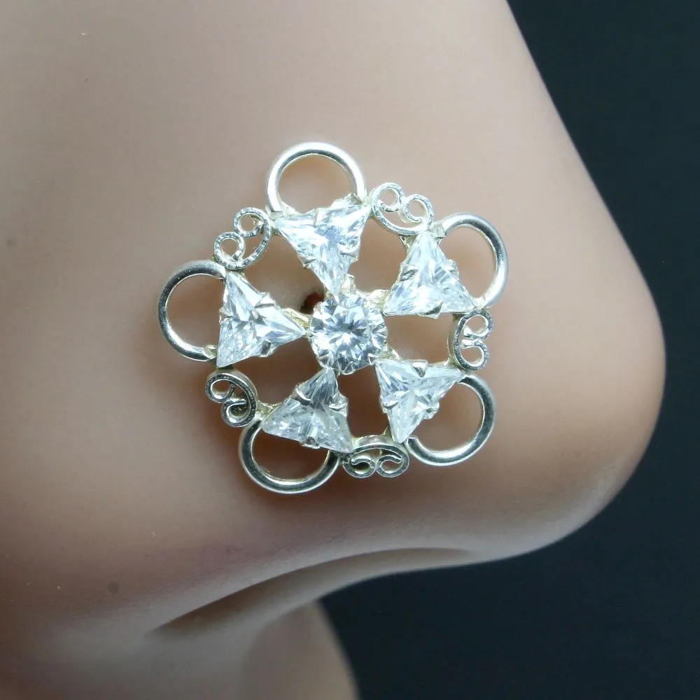 Floral Shape Sterling Silver Nose pin Handmade with Push Pin