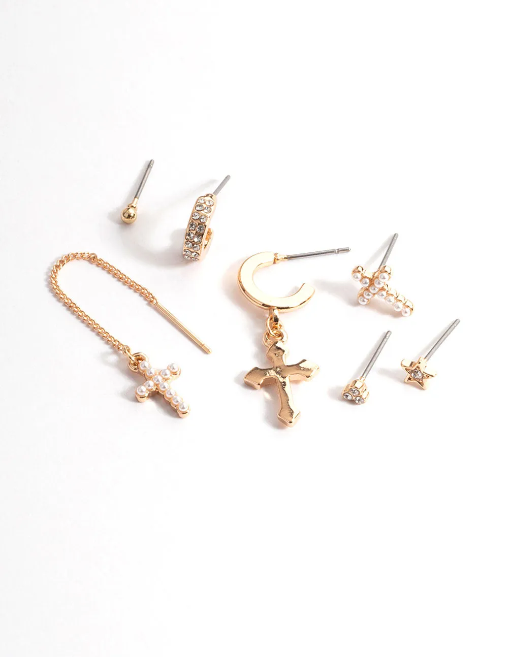Gold Pearl & Stone Cross Stack Earrings