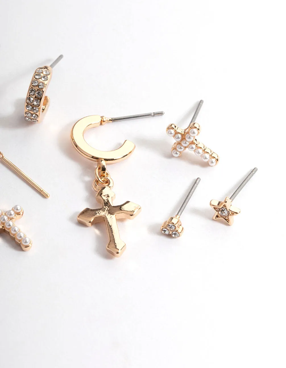 Gold Pearl & Stone Cross Stack Earrings