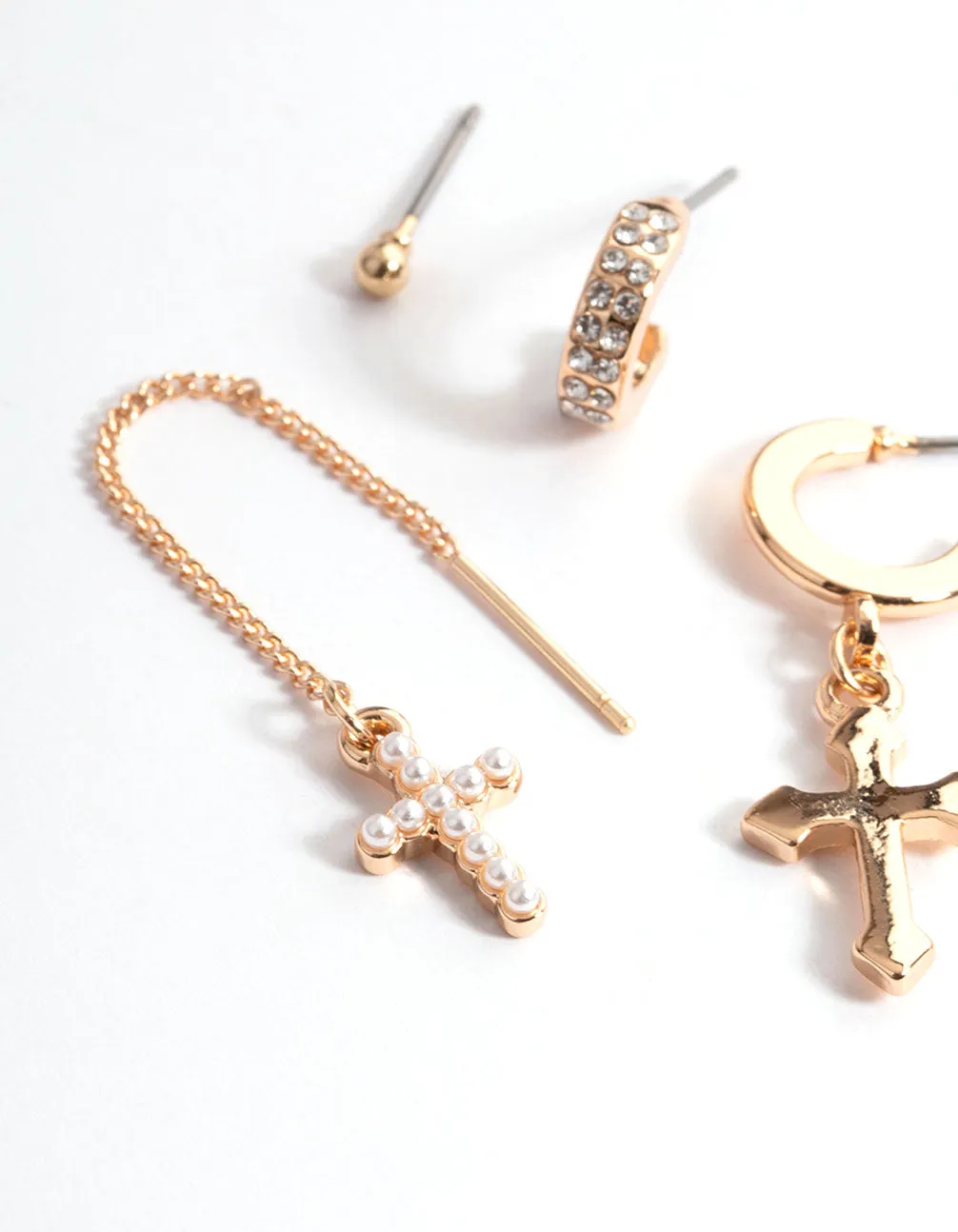 Gold Pearl & Stone Cross Stack Earrings