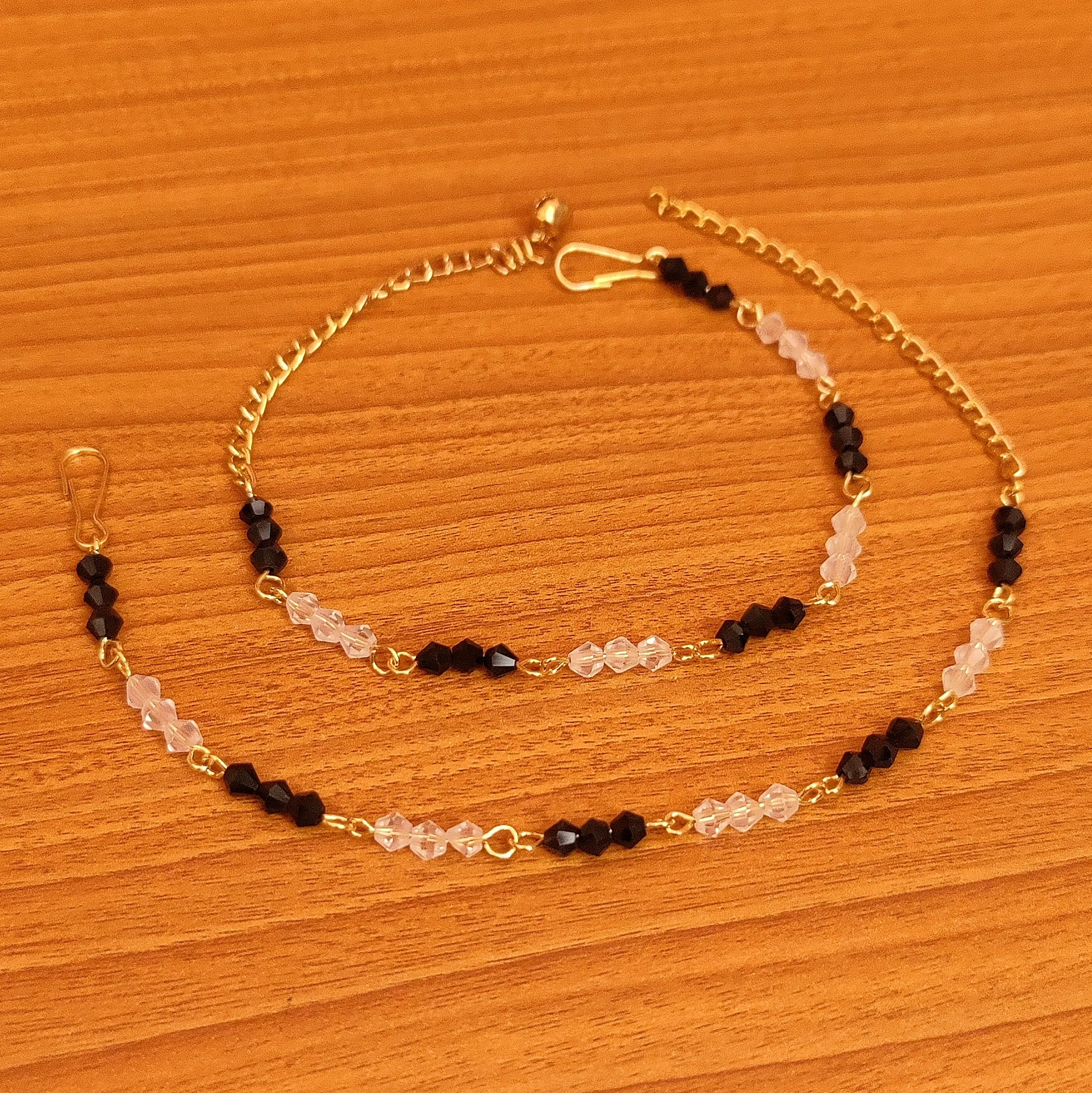 GOLD PLATED BLACK & WHITE CRYSTAL ANKLETS