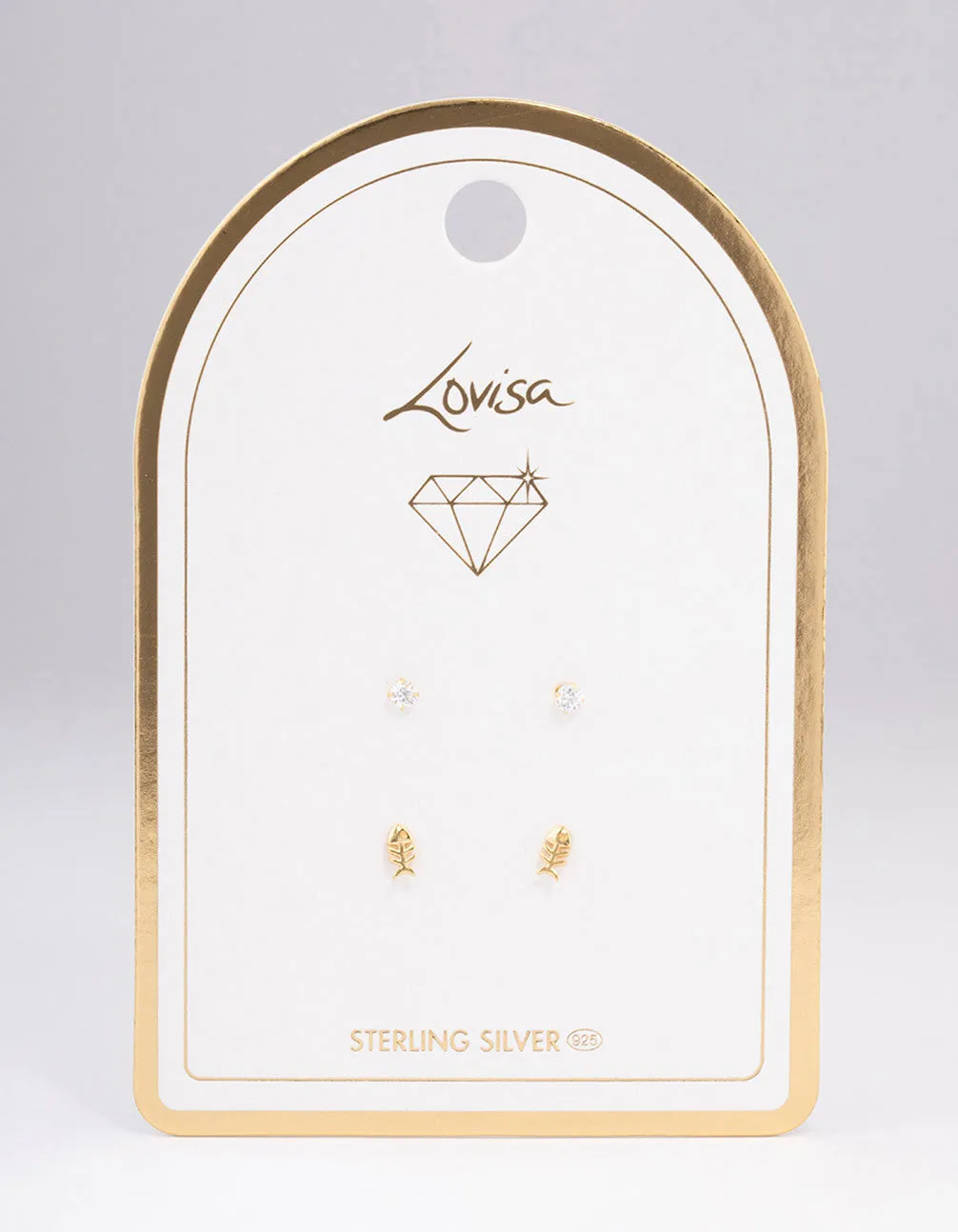 Gold Plated Sterling Silver Diamante & Fish Stud Earring Pack