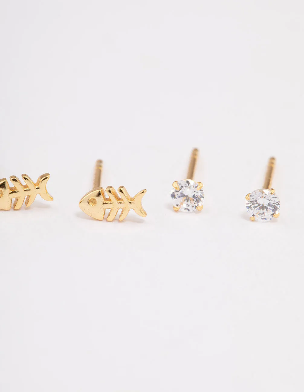 Gold Plated Sterling Silver Diamante & Fish Stud Earring Pack