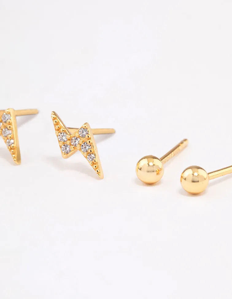 Gold Plated Sterling Silver Diamante Lightning Bolt Earring Pack