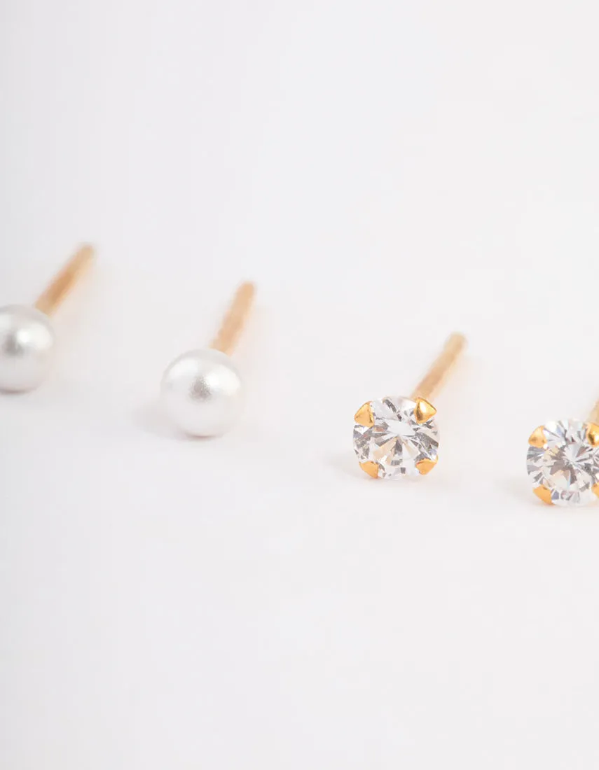 Gold Plated Sterling Silver Pearl & Diamante Stud Earring Pack