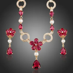 Golden Garnet Flower CZ Water Drop Jewelry Set
