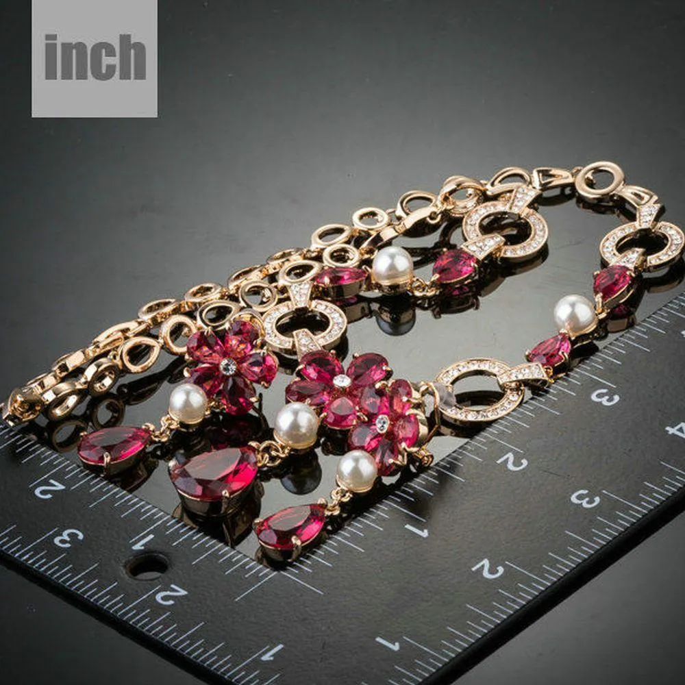 Golden Garnet Flower CZ Water Drop Jewelry Set
