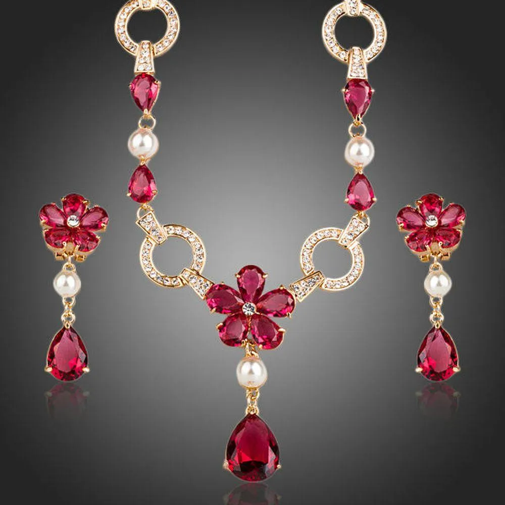 Golden Garnet Flower CZ Water Drop Jewelry Set