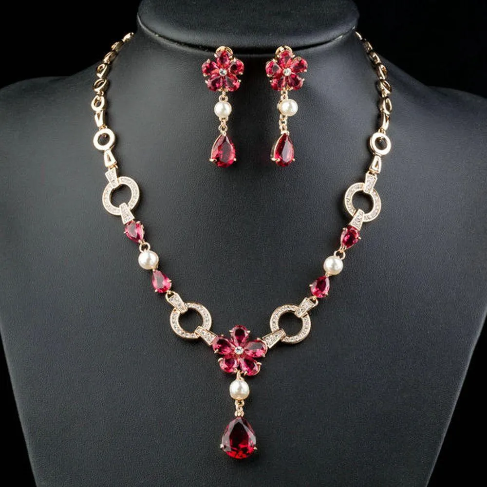 Golden Garnet Flower CZ Water Drop Jewelry Set