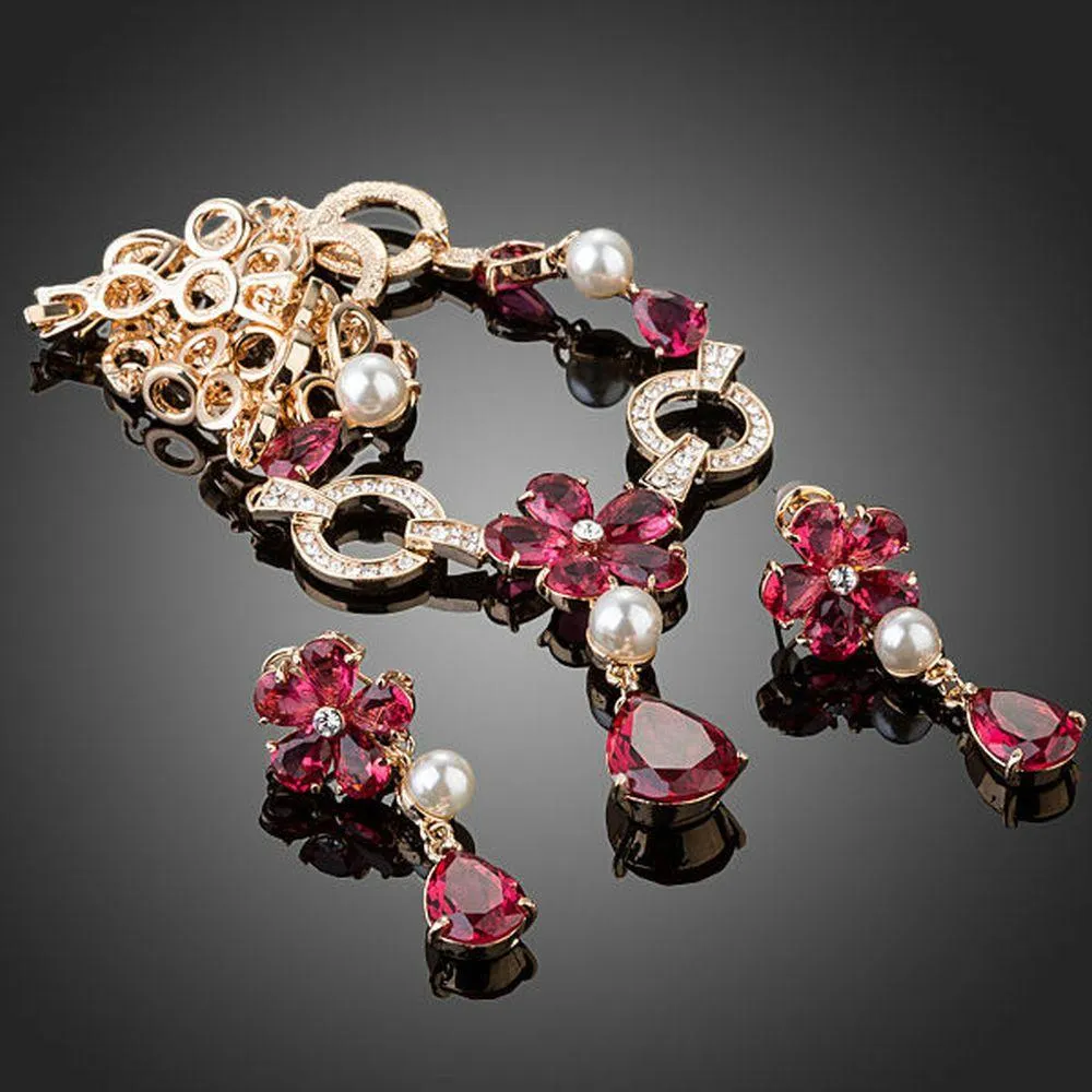 Golden Garnet Flower CZ Water Drop Jewelry Set