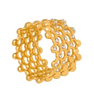 Golden Grid Zircon Hollow Ring in Titanium Steel - French Retro Style