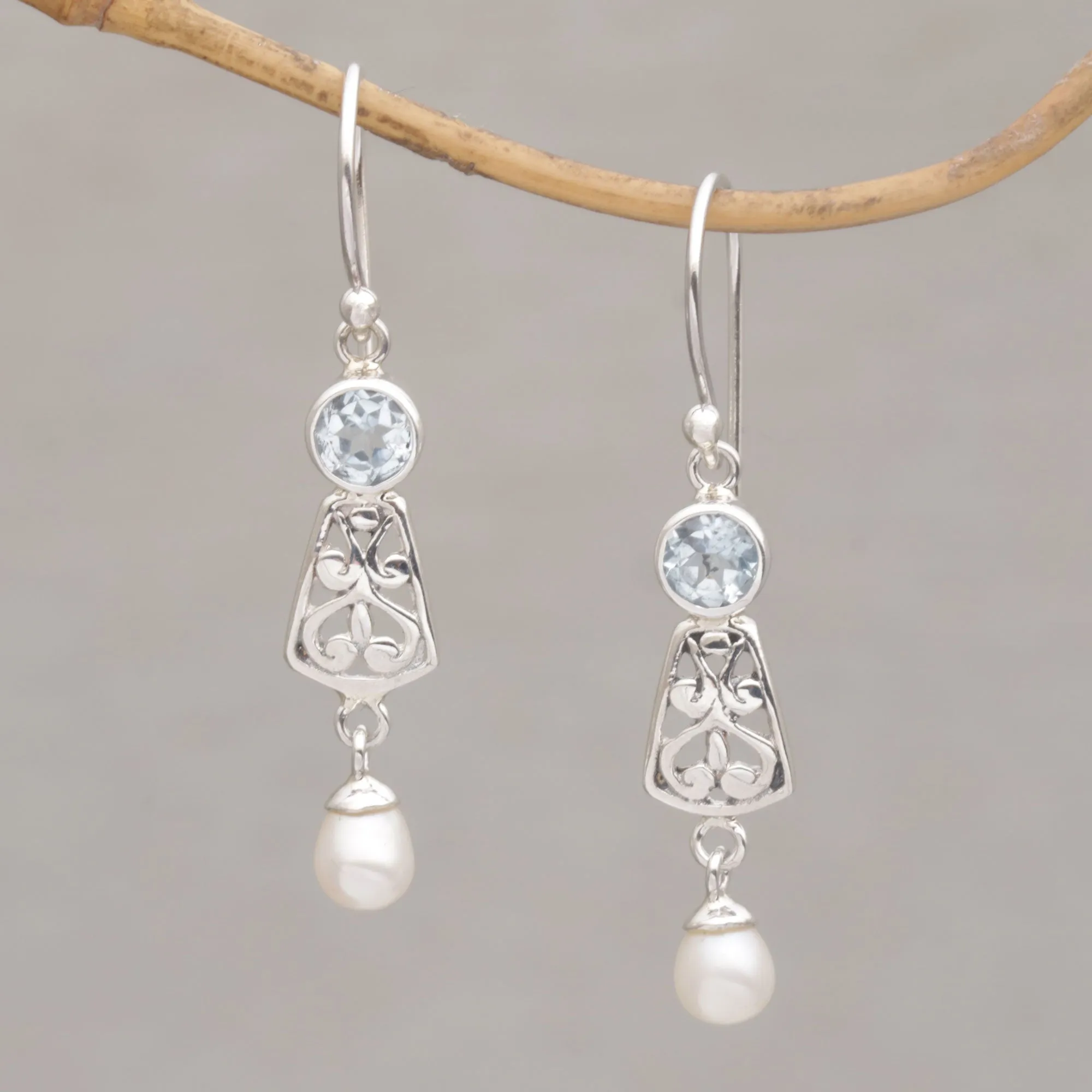 Gracious Offering Hook Earrings with Blue Topaz and Cultured Pearl