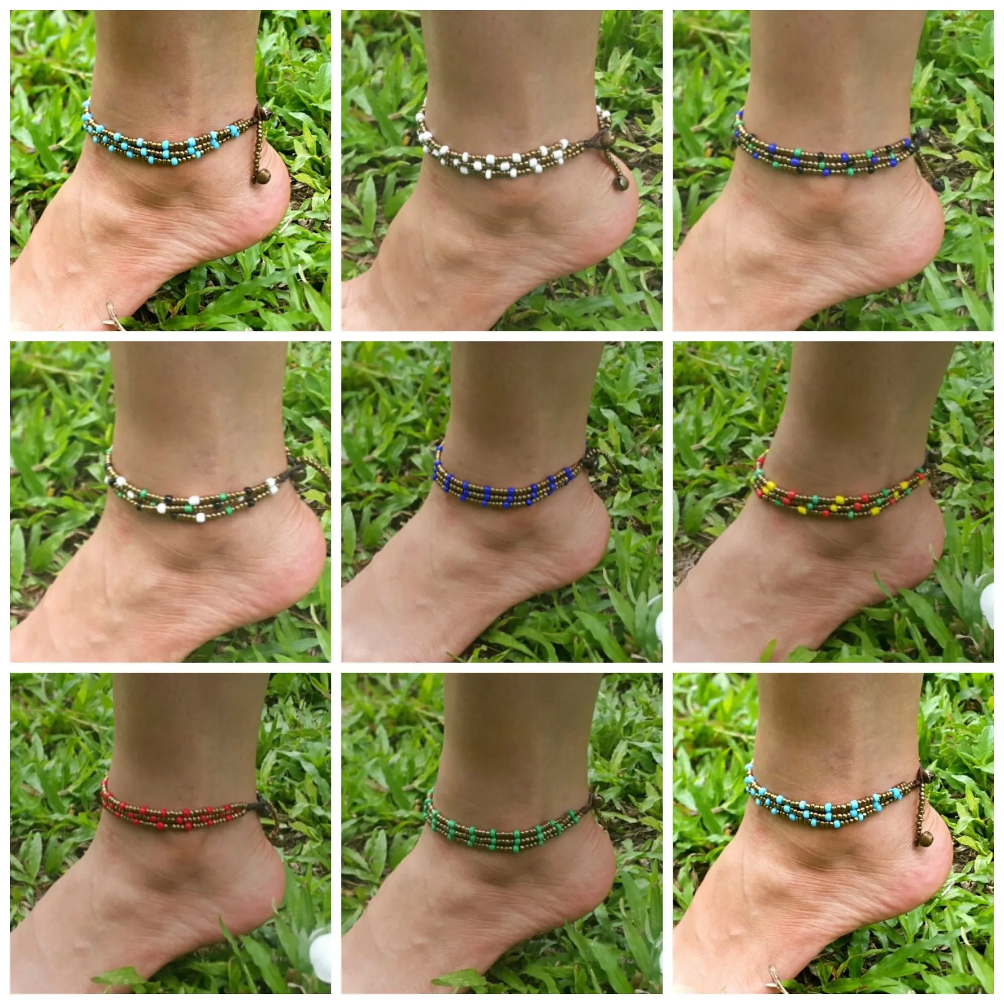 Hand Made Fair Trade Anklet Three Strand Brass Beads Red
