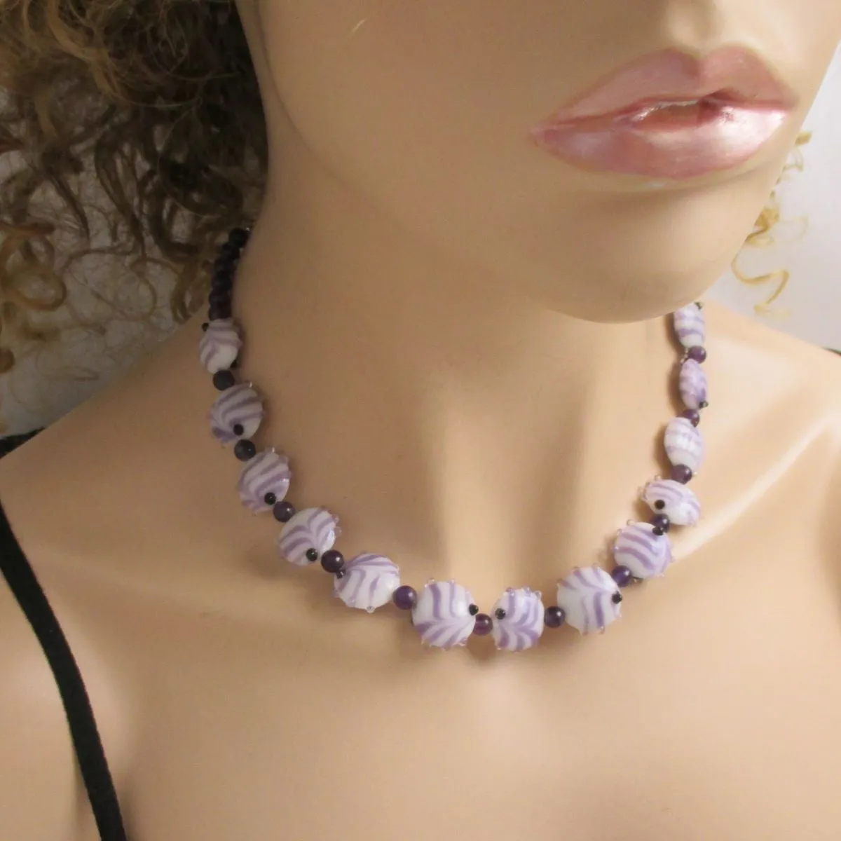 Handmade Artisan Bead  Necklace Amethyst and White Swirled