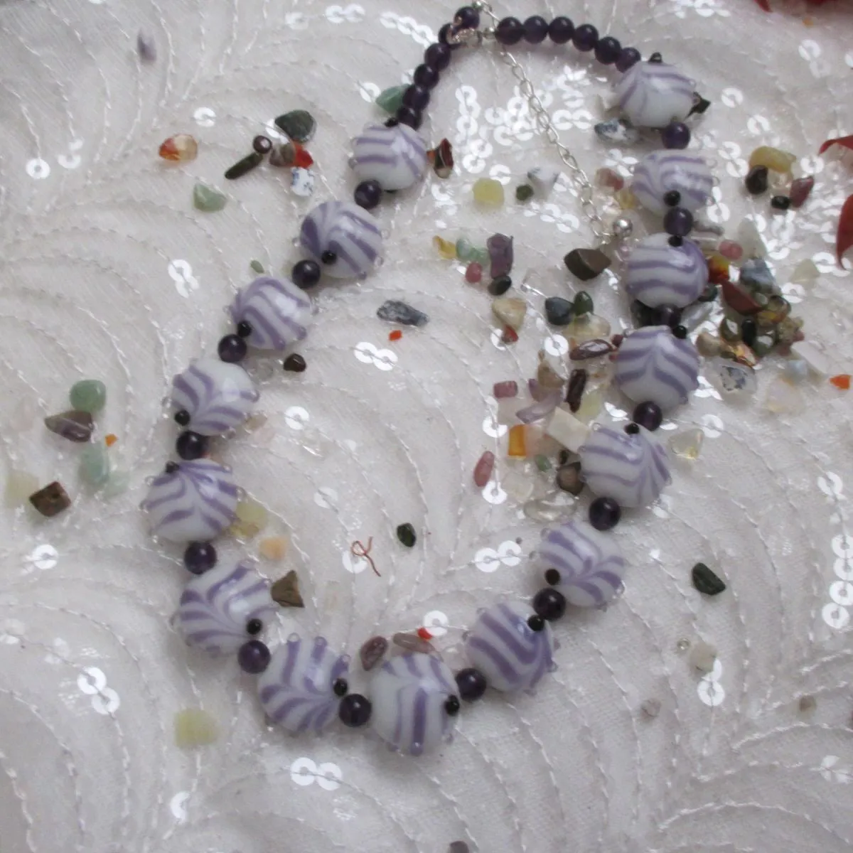 Handmade Artisan Bead  Necklace Amethyst and White Swirled