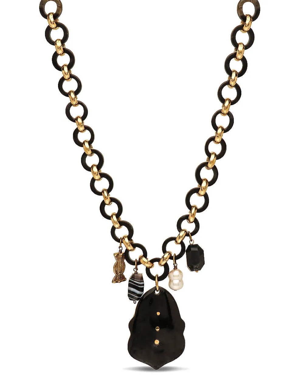 Horn and Gold Chain Link Charms Statement Necklace