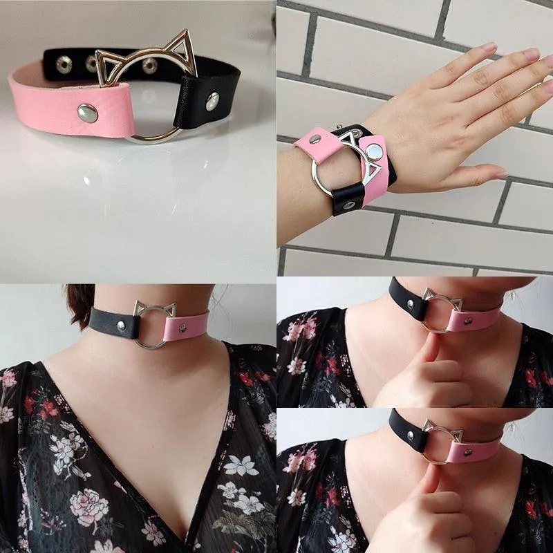 Hot Punk Harajuku Collar Choker Necklace Kit head PU Leather Choker Punk Goth  Handmade Neck Bracelet animal Jewelry wholesale