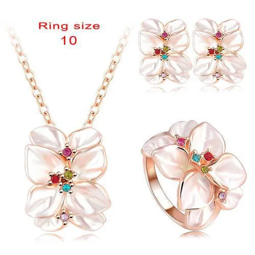 Jewelry Set Rose Gold Plate Austrian Crystal Enamel Earring/Necklace/Ring Flower Set