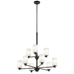 Joelson 33" 9-Light Chandelier Multi-Tier with Satin etched cased opal glass, Olde bronze Finish