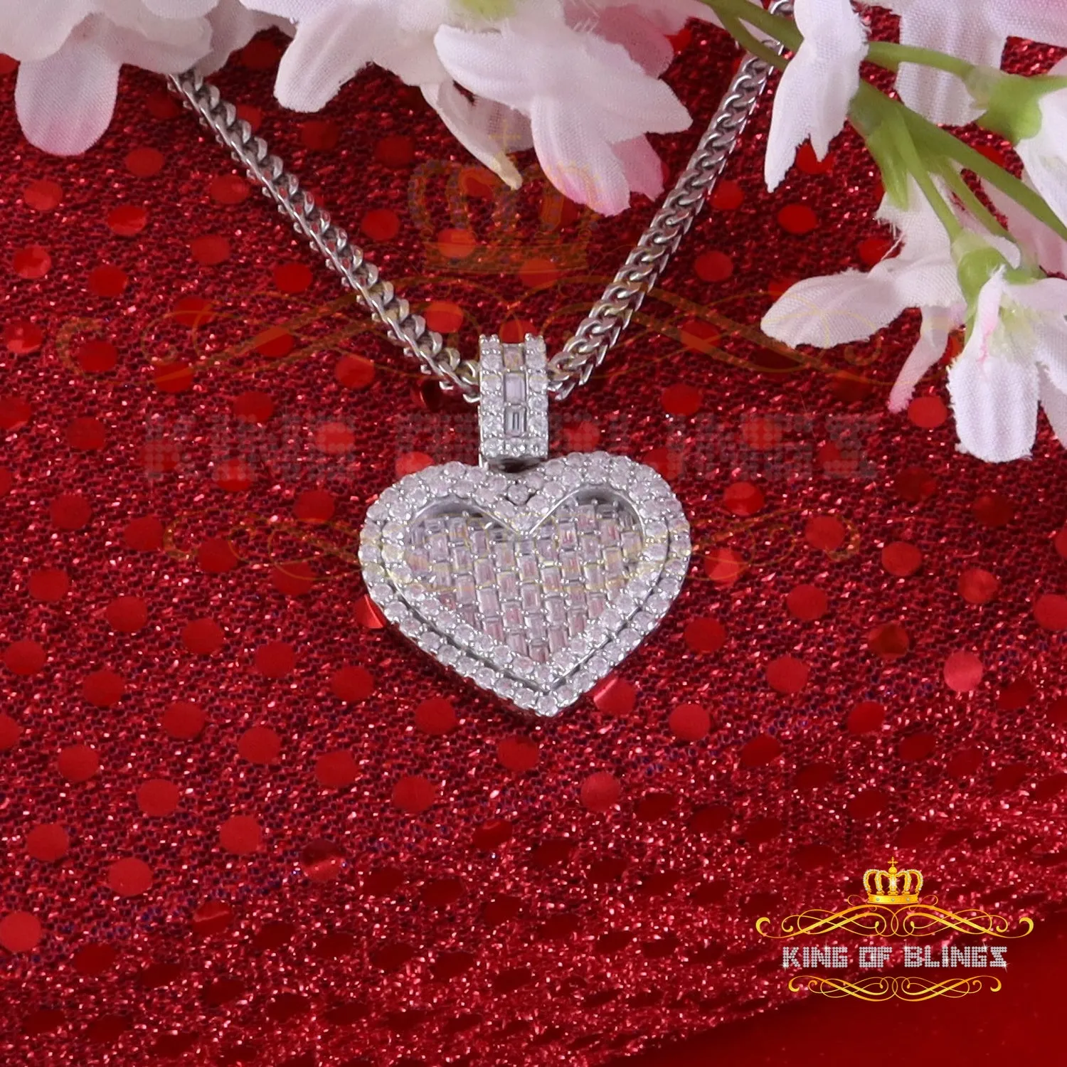 King Of Bling's 925 Sterling White Silver Heart Pendant 7.50ct VVS D Clr Moissanite for He/She.