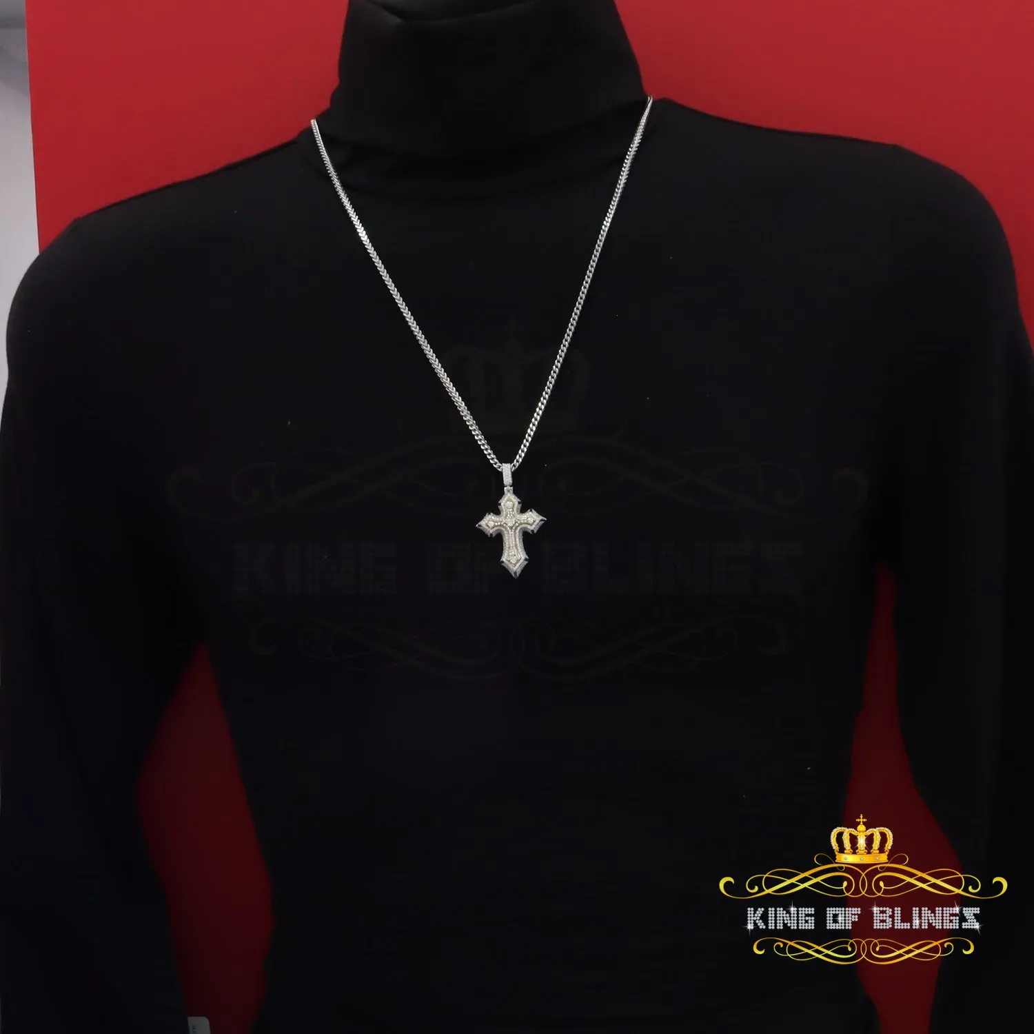 King Of Bling's Men's & Women' 7.50ct VVS D Moissanite White Sterling Silver Charm Cross Pendant