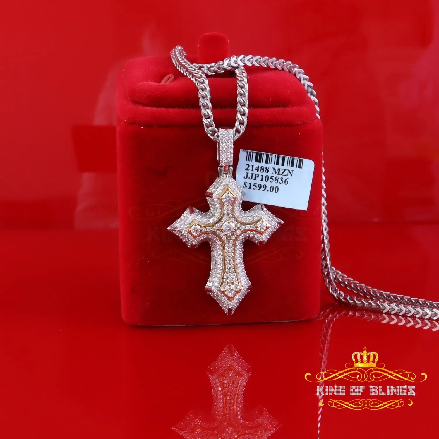 King Of Bling's Men's & Women' 7.50ct VVS D Moissanite White Sterling Silver Charm Cross Pendant