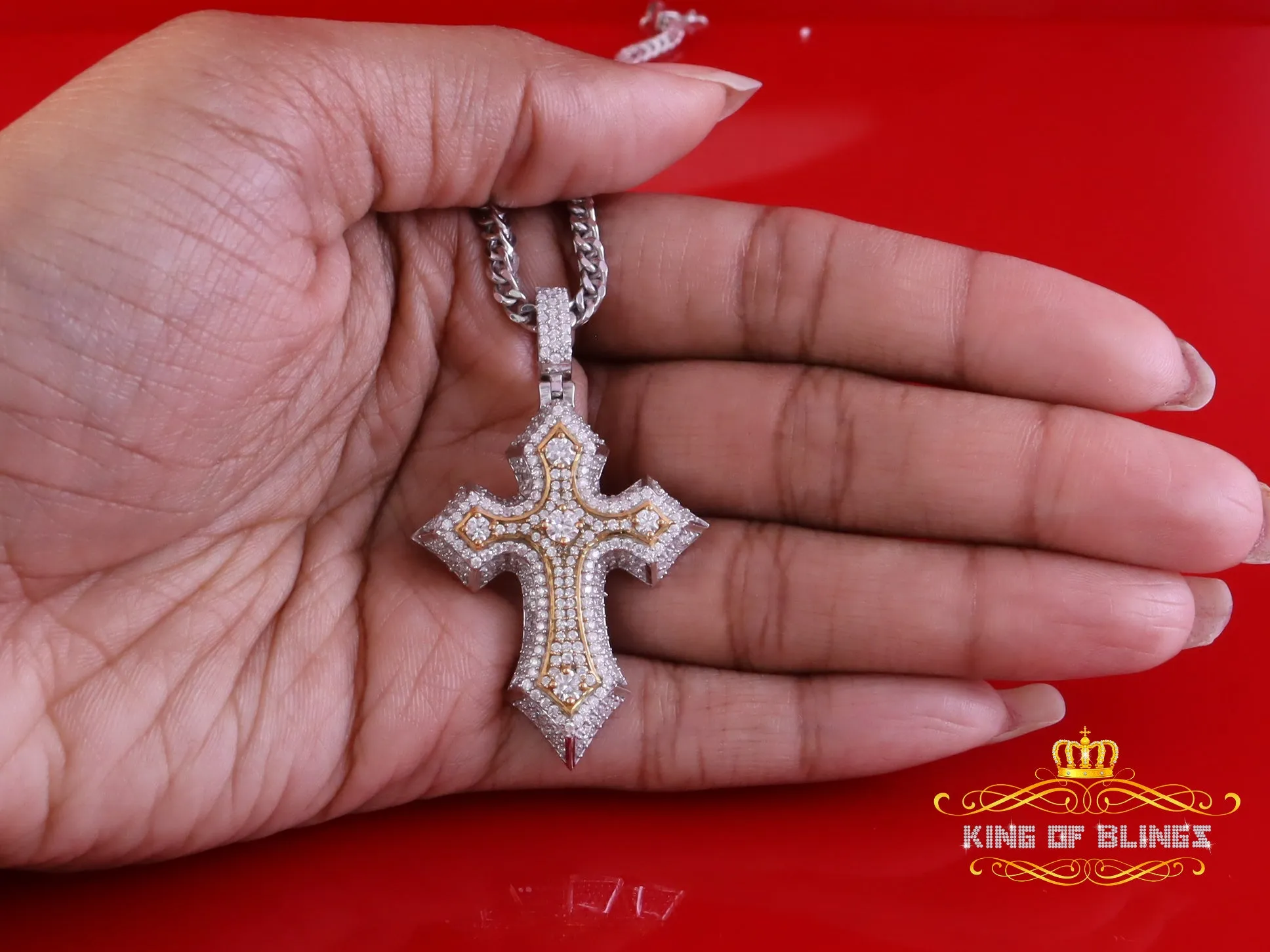 King Of Bling's Men's & Women' 7.50ct VVS D Moissanite White Sterling Silver Charm Cross Pendant
