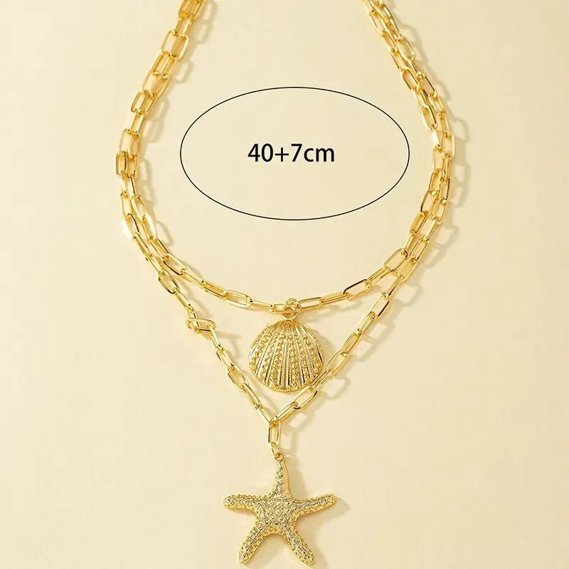 Ladies Gold Plated 2 Layers Starfish Shell Pendants Link Chain Necklace