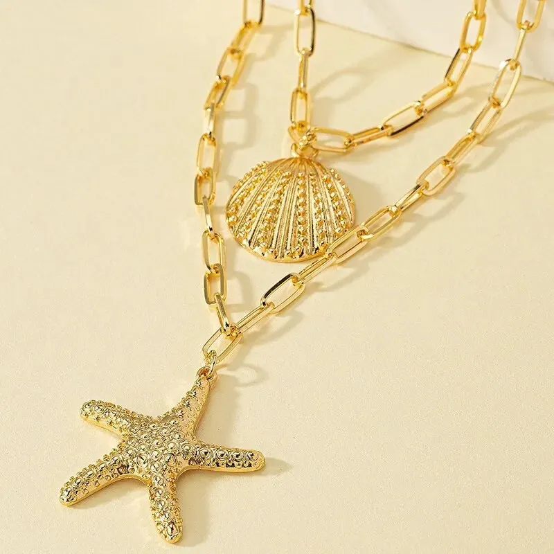 Ladies Gold Plated 2 Layers Starfish Shell Pendants Link Chain Necklace