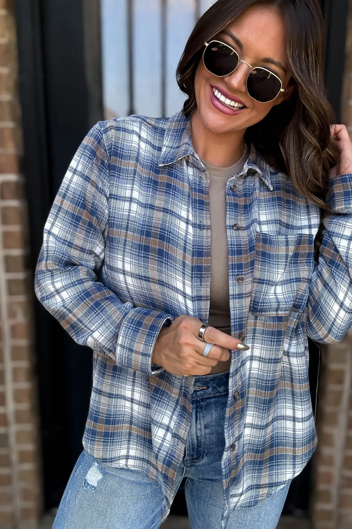 Long Plaid Teal Blue Print Button Down Shirt