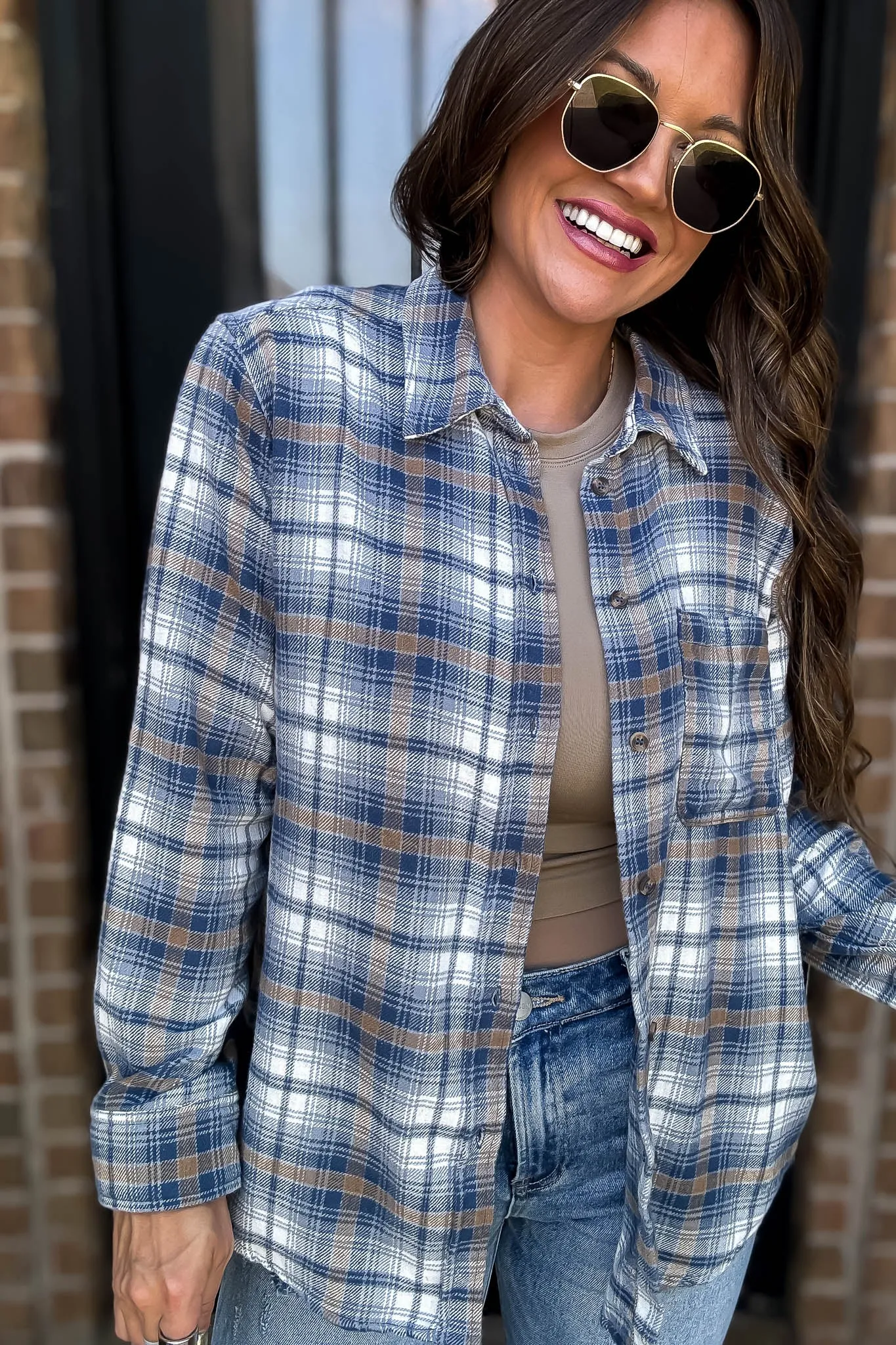 Long Plaid Teal Blue Print Button Down Shirt