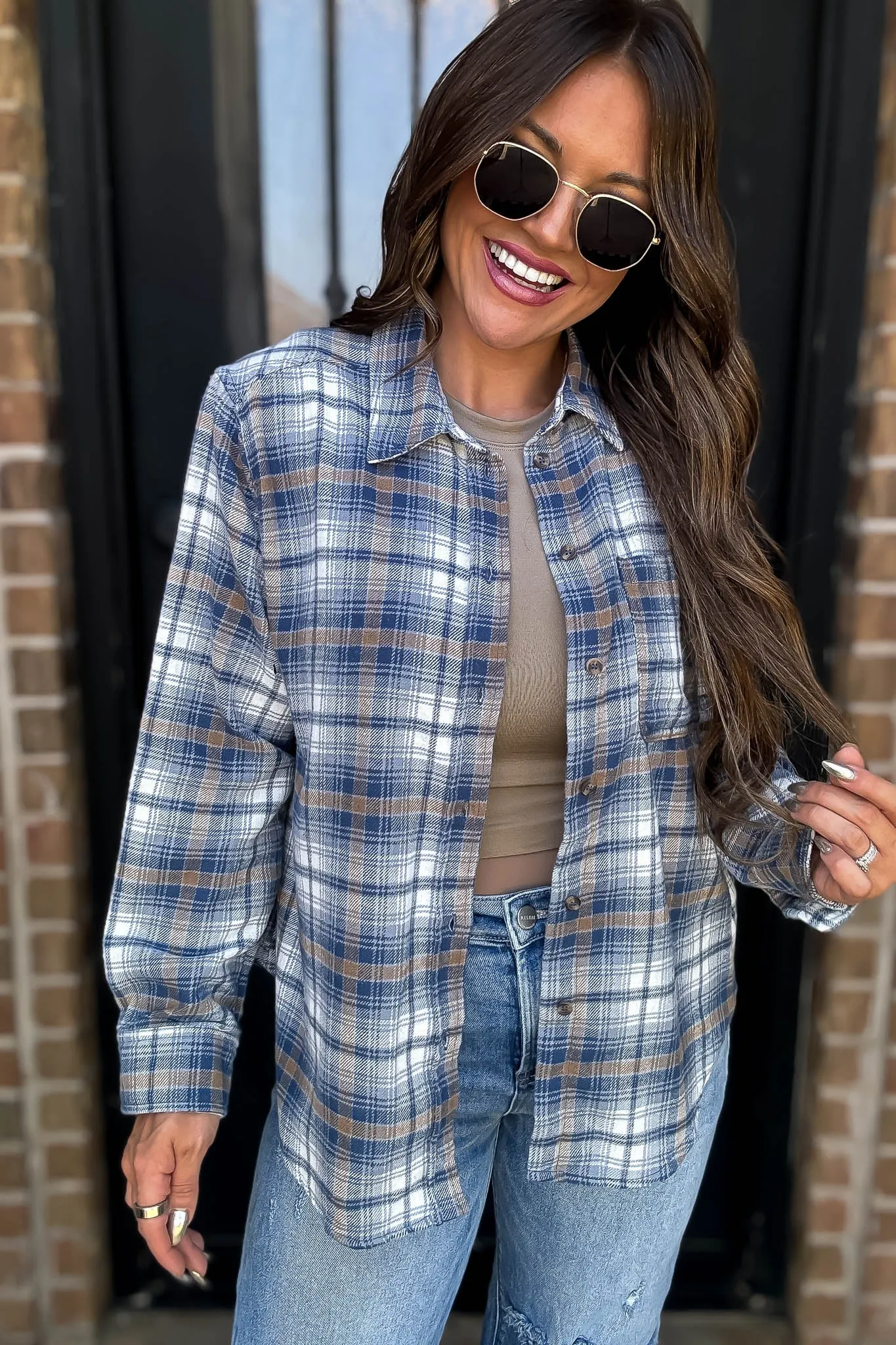 Long Plaid Teal Blue Print Button Down Shirt