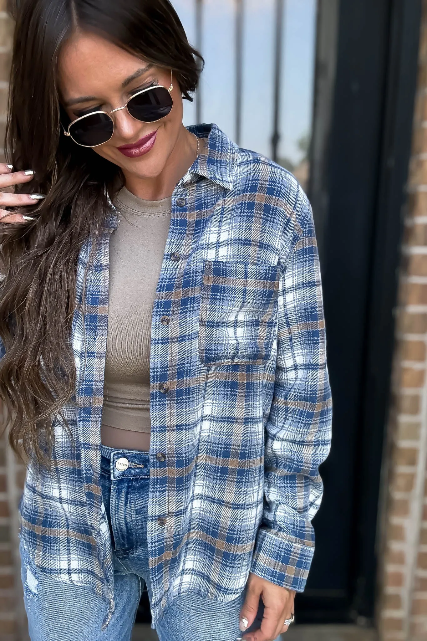 Long Plaid Teal Blue Print Button Down Shirt