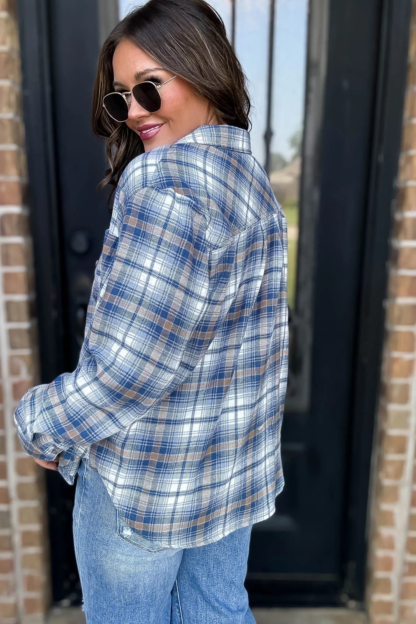 Long Plaid Teal Blue Print Button Down Shirt