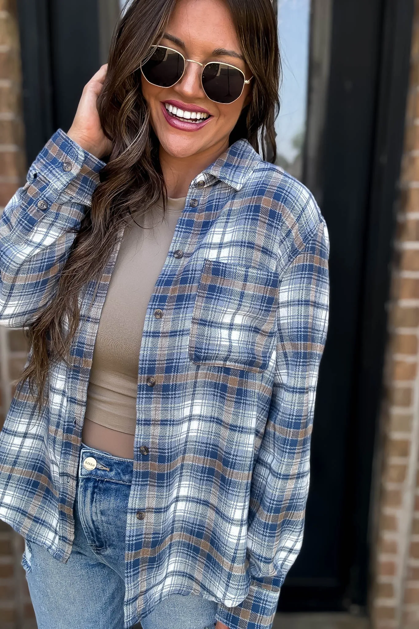 Long Plaid Teal Blue Print Button Down Shirt