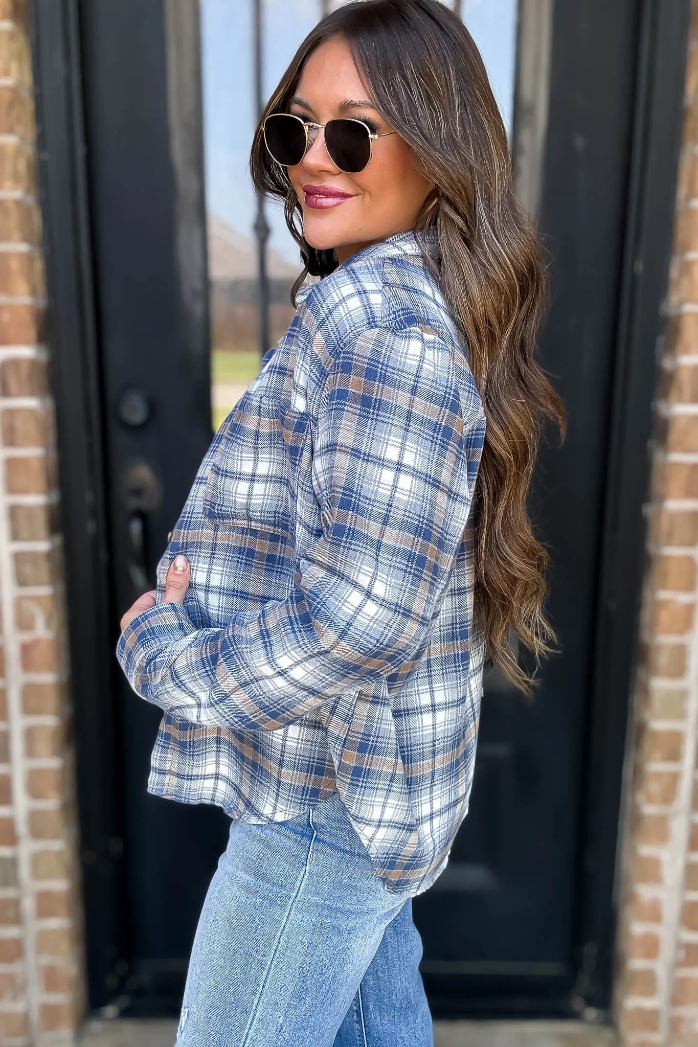Long Plaid Teal Blue Print Button Down Shirt
