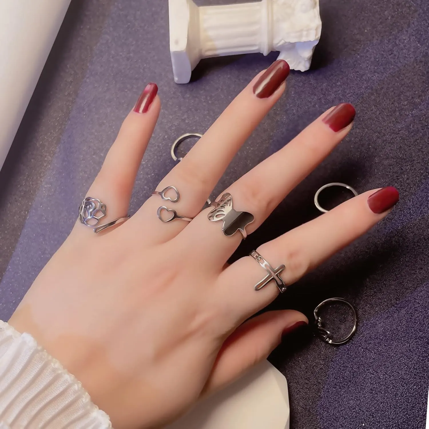 Loqimu 8 Pack Stainless Steel Rings Set for Women Silver Aesthetic Jewelry Rings Adjustable Stackable Rings for Teen Girls Trendy Knuckle Thumb Finger Rings Size 8 9 7 10 Indie rings