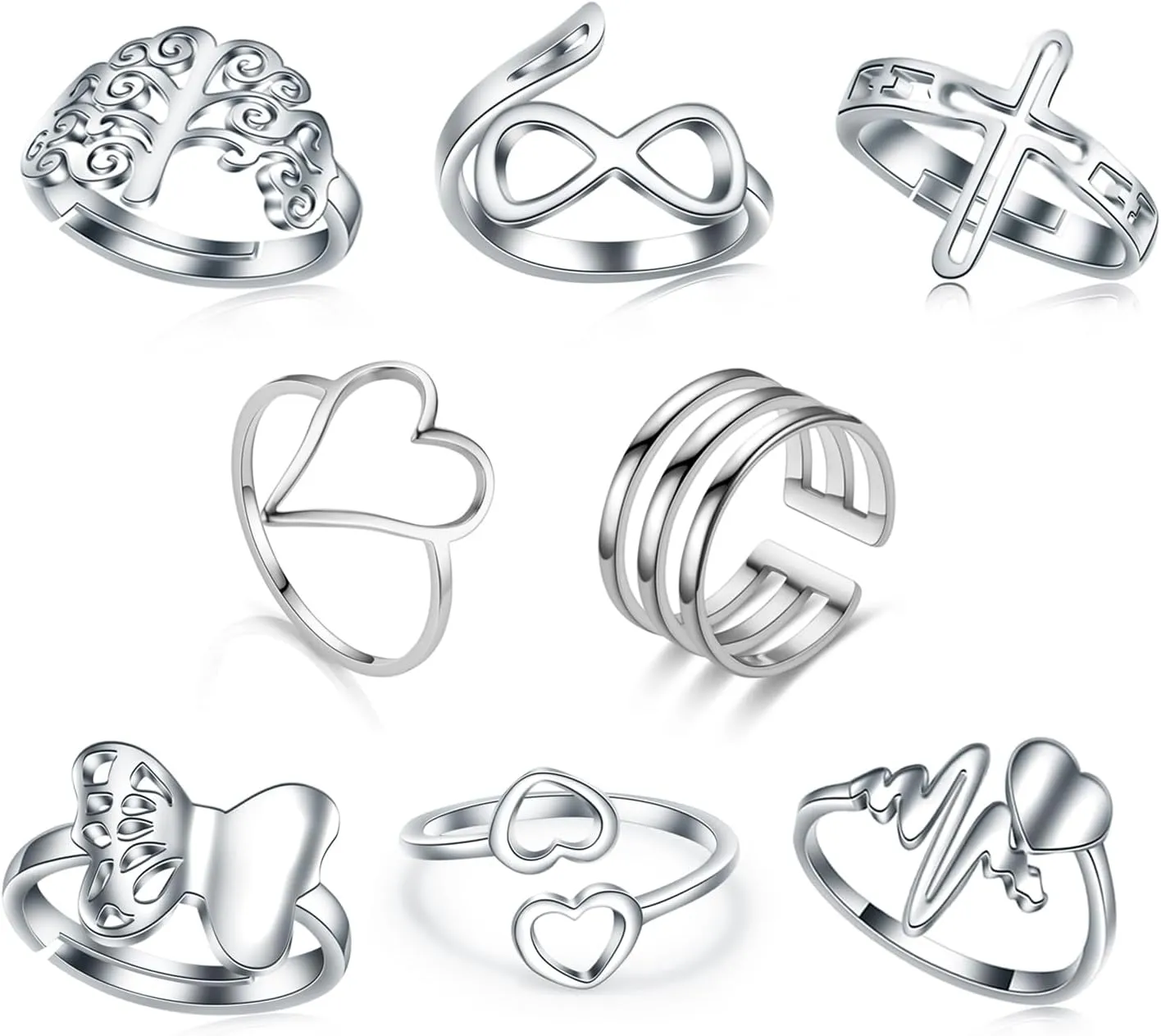 Loqimu 8 Pack Stainless Steel Rings Set for Women Silver Aesthetic Jewelry Rings Adjustable Stackable Rings for Teen Girls Trendy Knuckle Thumb Finger Rings Size 8 9 7 10 Indie rings