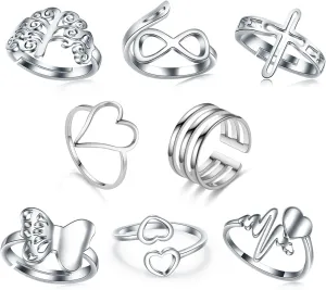 Loqimu 8 Pack Stainless Steel Rings Set for Women Silver Aesthetic Jewelry Rings Adjustable Stackable Rings for Teen Girls Trendy Knuckle Thumb Finger Rings Size 8 9 7 10 Indie rings